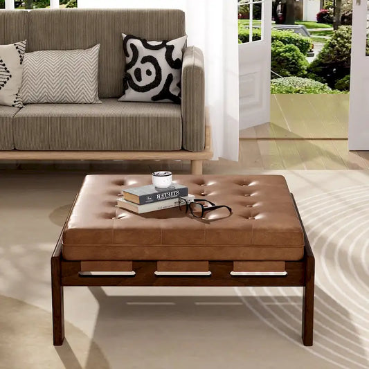 Christopher Knight Home - 34 Tufted Upholstered Cocktail Ottoman, Square Leather Ottoman Coffee Table with Rubber Wood Frame