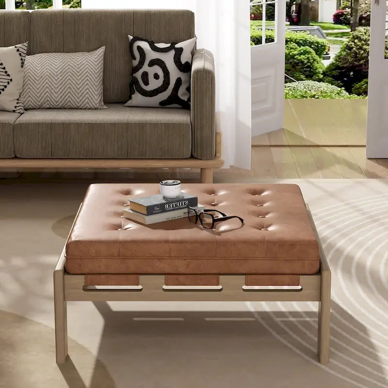 Christopher Knight Home - Pouf cocktail capitonné 34 pouces, table basse carrée en cuir avec structure en bois d'hévéa
