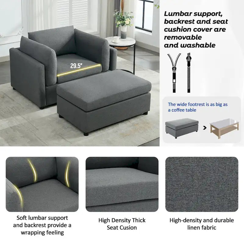 Fauteuil surdimensionné Roomfitters 50 avec repose-pieds, fauteuil d'appoint moderne, soutien lombaire, canapé de lecture pour chambre à coucher