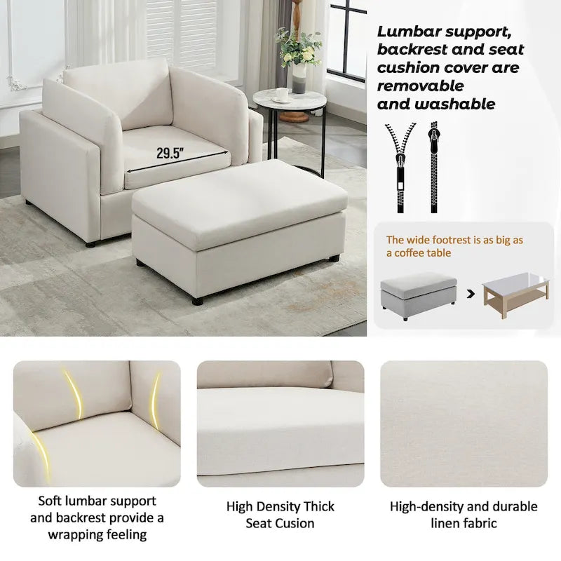 Fauteuil surdimensionné Roomfitters 50 avec repose-pieds, fauteuil d'appoint moderne, soutien lombaire, canapé de lecture pour chambre à coucher