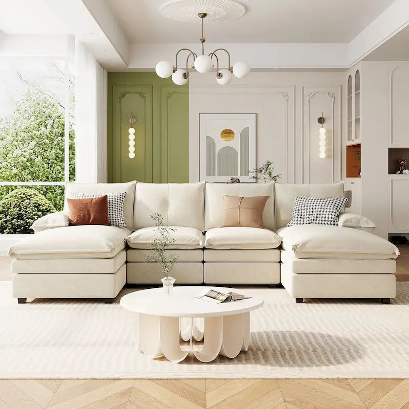 Canapé d'angle en chenille en forme de U Roomfitters avec coussins d'accoudoirs réglables, idéal pour les salons, les bureaux et les grands espaces.