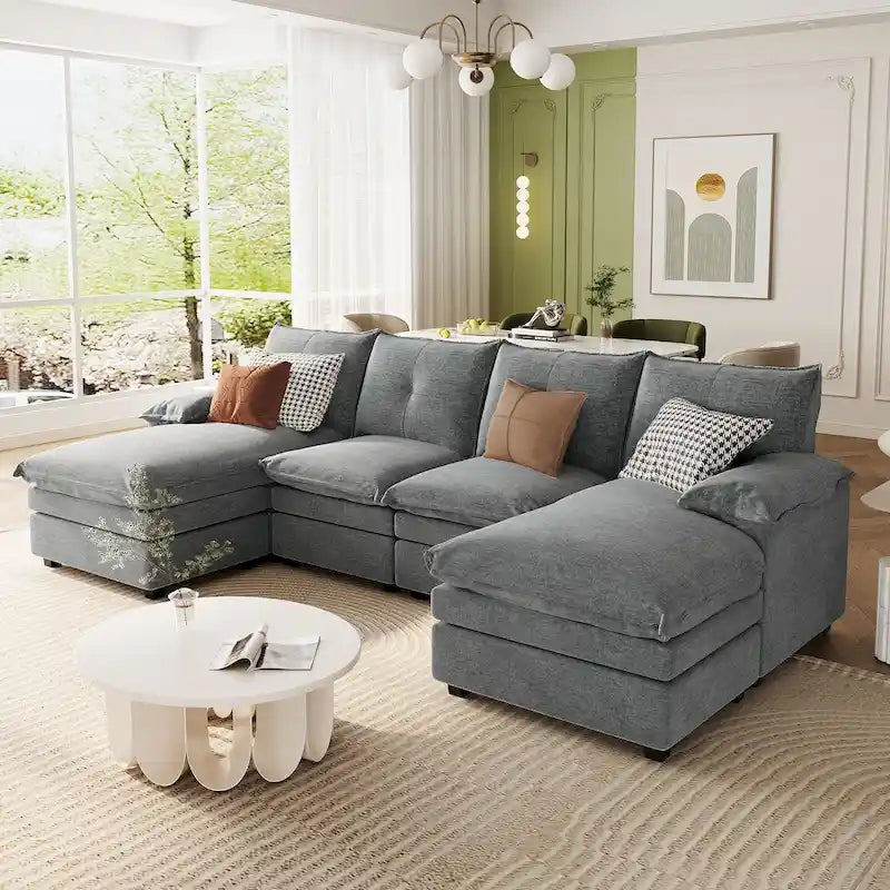 Canapé d'angle en chenille en forme de U Roomfitters avec coussins d'accoudoirs réglables, idéal pour les salons, les bureaux et les grands espaces.