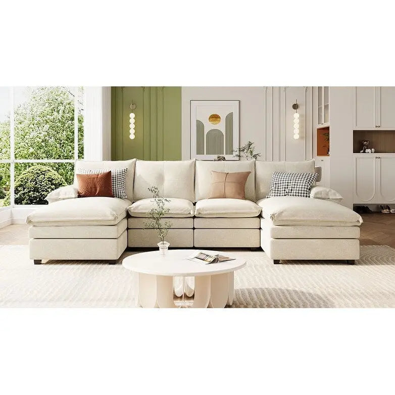 Canapé d'angle en chenille en forme de U Roomfitters avec coussins d'accoudoirs réglables, idéal pour les salons, les bureaux et les grands espaces.