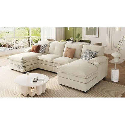 Canapé d'angle en chenille en forme de U Roomfitters avec coussins d'accoudoirs réglables, idéal pour les salons, les bureaux et les grands espaces.