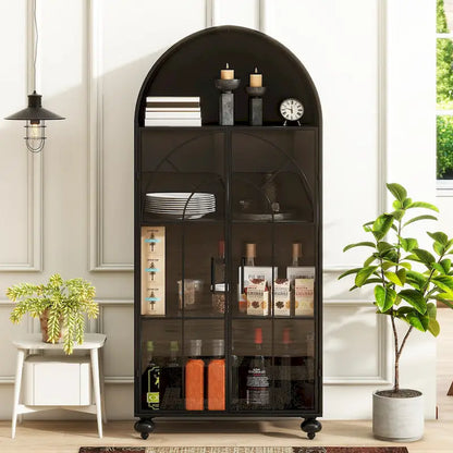 Modern Arched Storage Cabinet with Glass Doors, Open Display Shelves, Kitchen Pantry, Accent Cabinet, Freestanding Bookcase