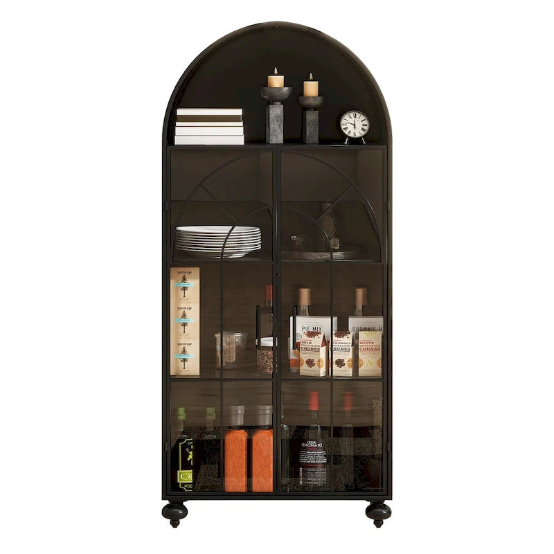 Armoire de rangement moderne cintrée avec portes vitrées, étagères ouvertes, garde-manger, meuble d'appoint, bibliothèque autoportante