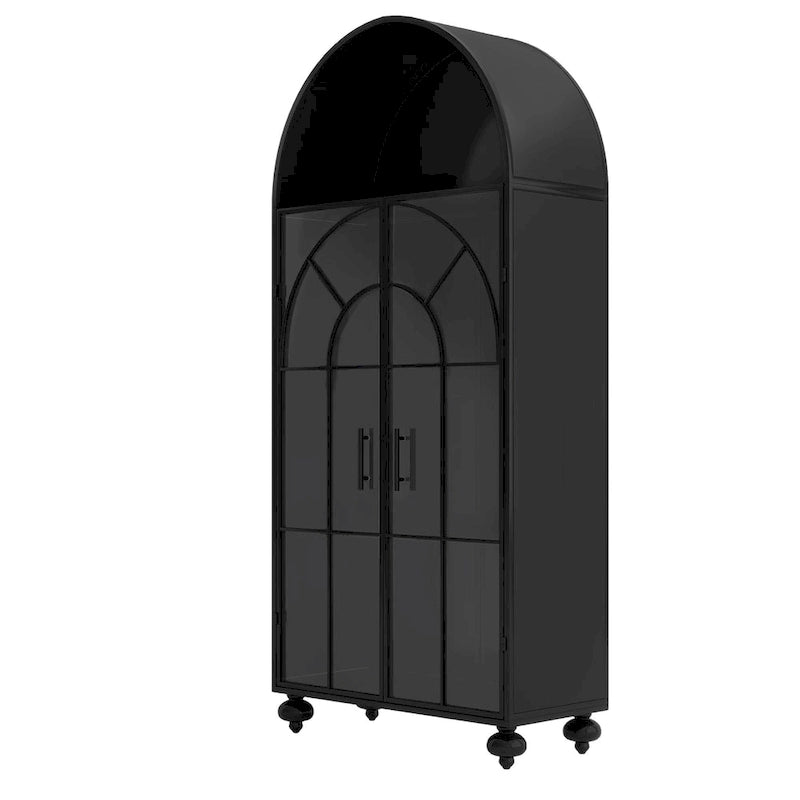 Armoire de rangement moderne cintrée avec portes vitrées, étagères ouvertes, garde-manger, meuble d'appoint, bibliothèque autoportante