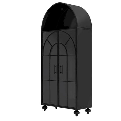 Armoire de rangement moderne cintrée avec portes vitrées, étagères ouvertes, garde-manger, meuble d'appoint, bibliothèque autoportante