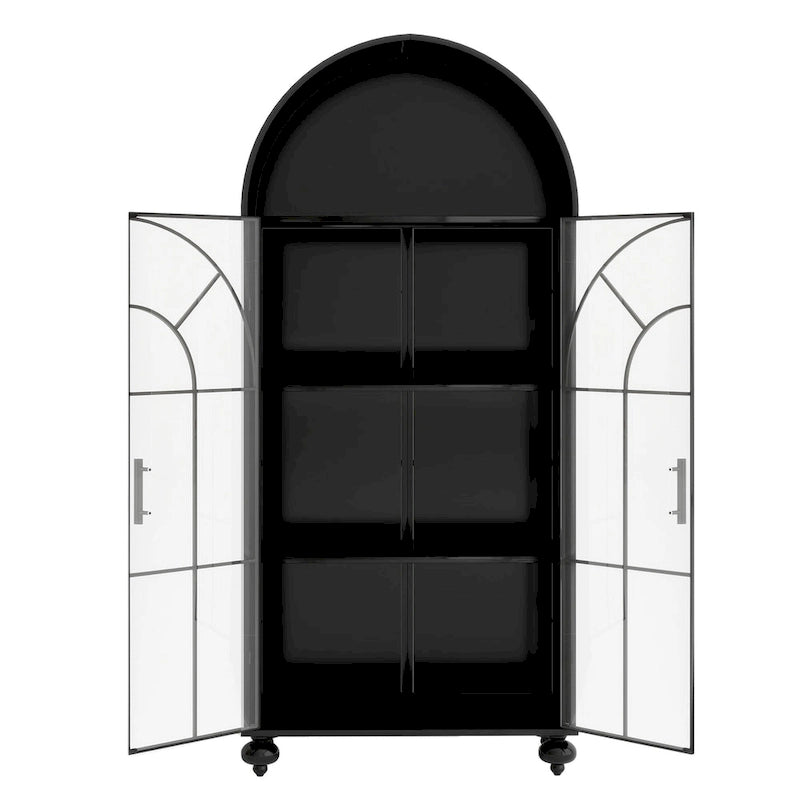 Armoire de rangement moderne cintrée avec portes vitrées, étagères ouvertes, garde-manger, meuble d'appoint, bibliothèque autoportante