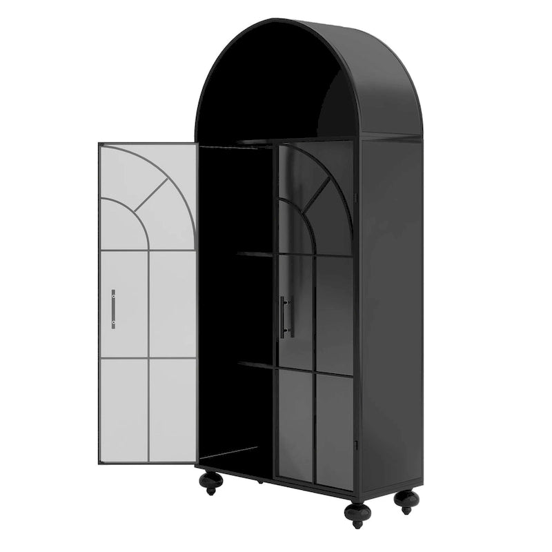 Armoire de rangement moderne cintrée avec portes vitrées, étagères ouvertes, garde-manger, meuble d'appoint, bibliothèque autoportante