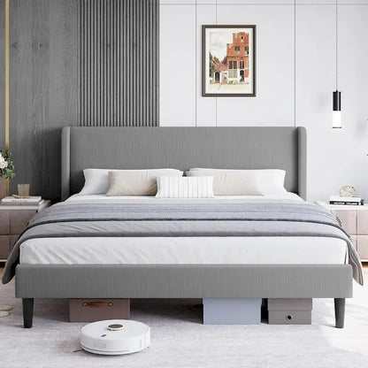 Platform Bed Frame with Upholstered Wingback Headboard