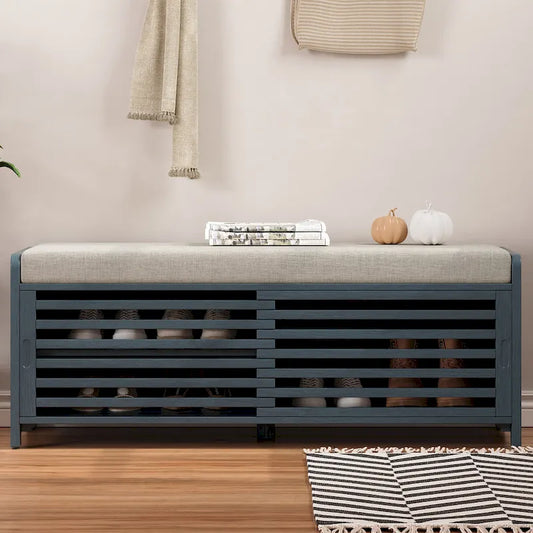 Entryway Bench Storage Shoe Bench w/ Cushion & Sliding Door, Shoe Cabinet Organizer for Living Room, 15.4 W x 43.3 D x 16.5 H