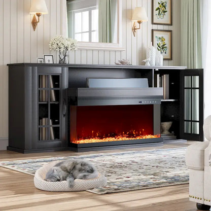 Meuble TV cheminée 70 pouces avec vitre 3 côtés, certifié ETL, 12 couleurs de flammes, lit de braises réaliste, compatible avec les téléviseurs jusqu'à 80 pouces