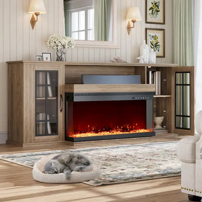 70 Fireplace TV Stand with 3-Sided Glass, ETL Certified, 12 Flame Colors, Realistic Ember Bed, Accommodates TVs up to 80