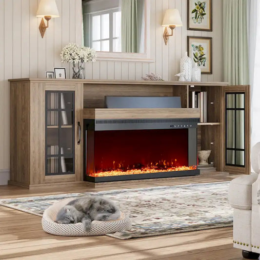 70 Fireplace TV Stand with 3-Sided Glass, ETL Certified, 12 Flame Colors, Realistic Ember Bed, Accommodates TVs up to 80