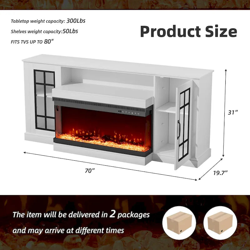 Meuble TV cheminée 70 pouces avec vitre 3 côtés, certifié ETL, 12 couleurs de flammes, lit de braises réaliste, compatible avec les téléviseurs jusqu'à 80 pouces