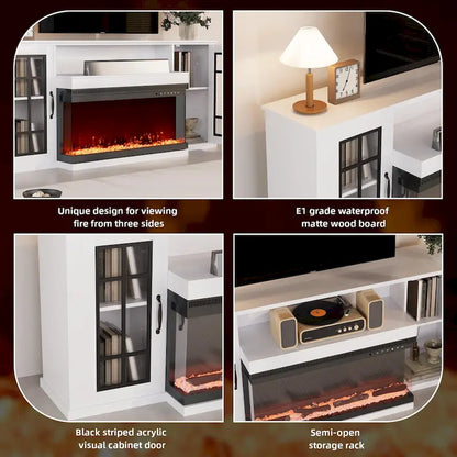 Meuble TV cheminée 70 pouces avec vitre 3 côtés, certifié ETL, 12 couleurs de flammes, lit de braises réaliste, compatible avec les téléviseurs jusqu'à 80 pouces