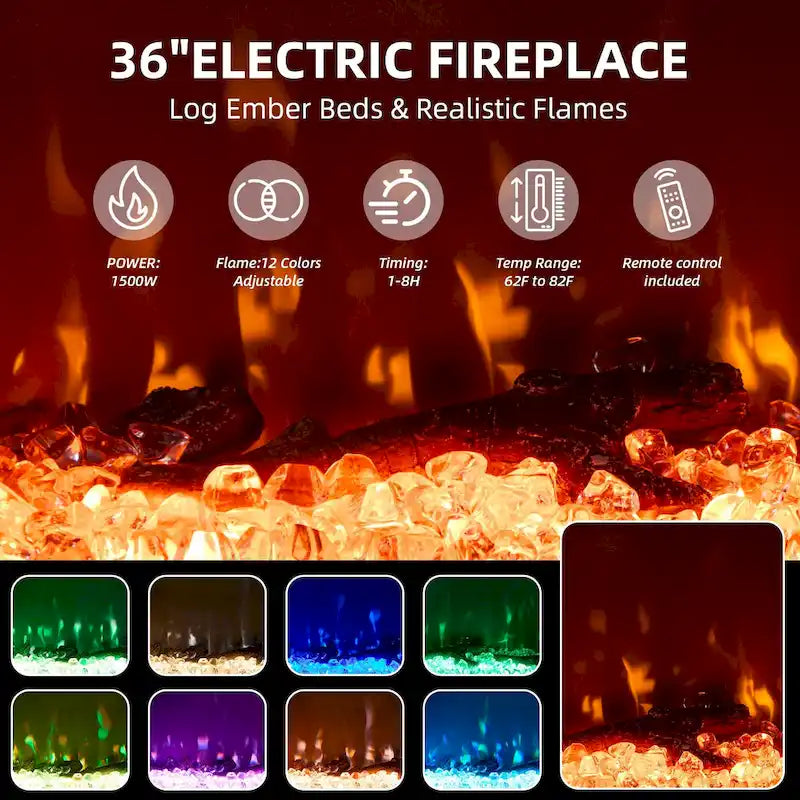 Meuble TV cheminée 70 pouces avec vitre 3 côtés, certifié ETL, 12 couleurs de flammes, lit de braises réaliste, compatible avec les téléviseurs jusqu'à 80 pouces