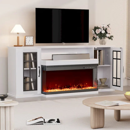 Meuble TV cheminée 70 pouces avec vitre 3 côtés, certifié ETL, 12 couleurs de flammes, lit de braises réaliste, compatible avec les téléviseurs jusqu'à 80 pouces
