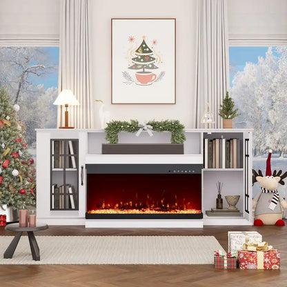 Meuble TV cheminée 70 pouces avec vitre 3 côtés, certifié ETL, 12 couleurs de flammes, lit de braises réaliste, compatible avec les téléviseurs jusqu'à 80 pouces