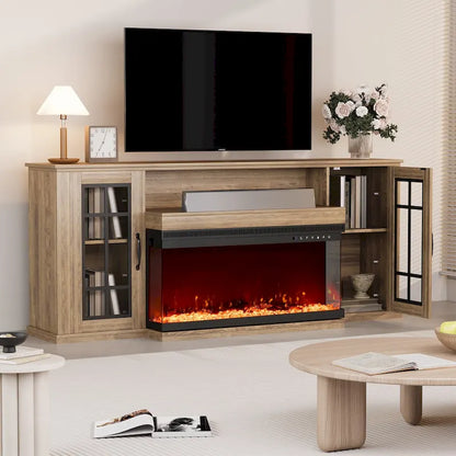 Meuble TV cheminée 70 pouces avec vitre 3 côtés, certifié ETL, 12 couleurs de flammes, lit de braises réaliste, compatible avec les téléviseurs jusqu'à 80 pouces