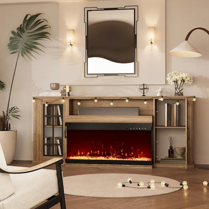 Meuble TV cheminée 70 pouces avec vitre 3 côtés, certifié ETL, 12 couleurs de flammes, lit de braises réaliste, compatible avec les téléviseurs jusqu'à 80 pouces