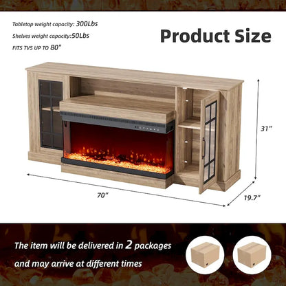 Meuble TV cheminée 70 pouces avec vitre 3 côtés, certifié ETL, 12 couleurs de flammes, lit de braises réaliste, compatible avec les téléviseurs jusqu'à 80 pouces