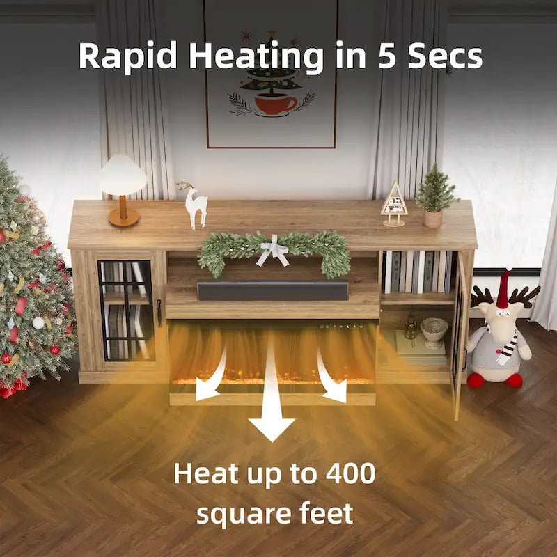 Meuble TV cheminée 70 pouces avec vitre 3 côtés, certifié ETL, 12 couleurs de flammes, lit de braises réaliste, compatible avec les téléviseurs jusqu'à 80 pouces