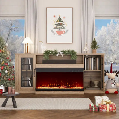 Meuble TV cheminée 70 pouces avec vitre 3 côtés, certifié ETL, 12 couleurs de flammes, lit de braises réaliste, compatible avec les téléviseurs jusqu'à 80 pouces