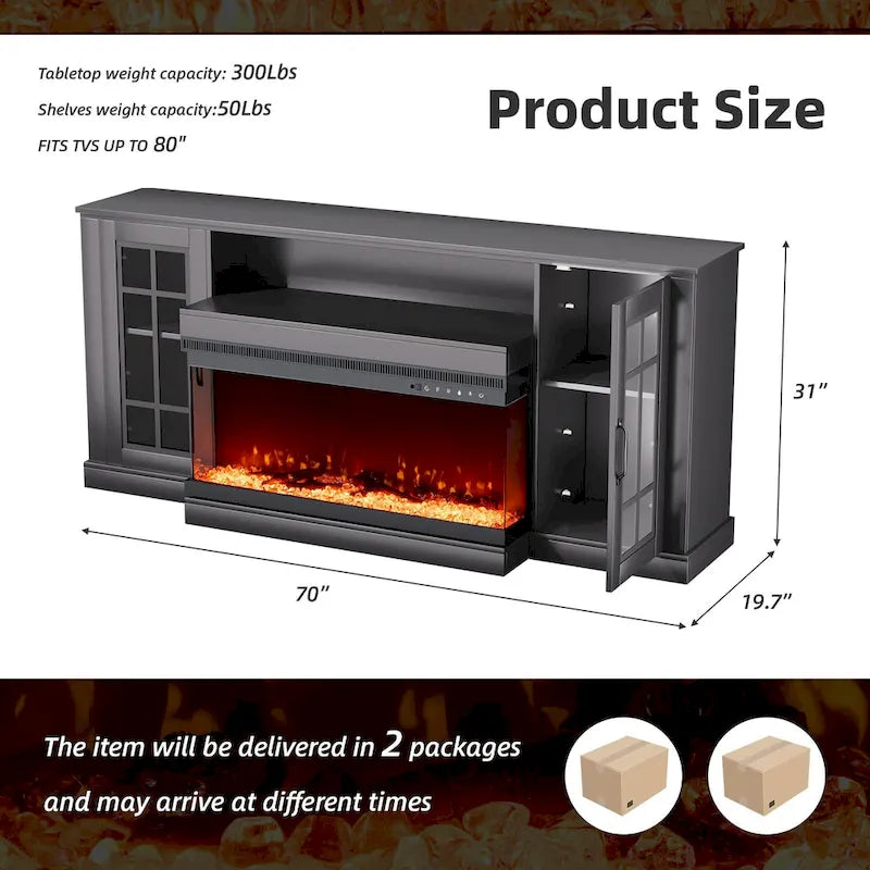 Meuble TV cheminée 70 pouces avec vitre 3 côtés, certifié ETL, 12 couleurs de flammes, lit de braises réaliste, compatible avec les téléviseurs jusqu'à 80 pouces