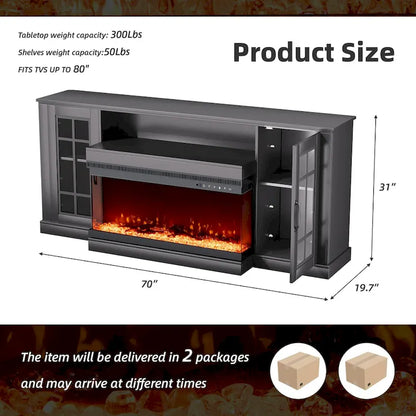 Meuble TV cheminée 70 pouces avec vitre 3 côtés, certifié ETL, 12 couleurs de flammes, lit de braises réaliste, compatible avec les téléviseurs jusqu'à 80 pouces