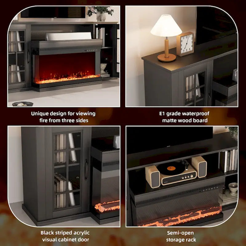 Meuble TV cheminée 70 pouces avec vitre 3 côtés, certifié ETL, 12 couleurs de flammes, lit de braises réaliste, compatible avec les téléviseurs jusqu'à 80 pouces