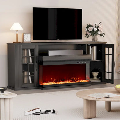 Meuble TV cheminée 70 pouces avec vitre 3 côtés, certifié ETL, 12 couleurs de flammes, lit de braises réaliste, compatible avec les téléviseurs jusqu'à 80 pouces