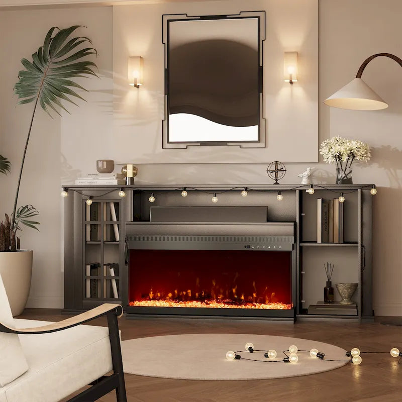 Meuble TV cheminée 70 pouces avec vitre 3 côtés, certifié ETL, 12 couleurs de flammes, lit de braises réaliste, compatible avec les téléviseurs jusqu'à 80 pouces