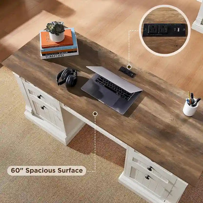 Bureau d'ordinateur de style campagnard, bureau en bois pour bureau à domicile avec station de recharge