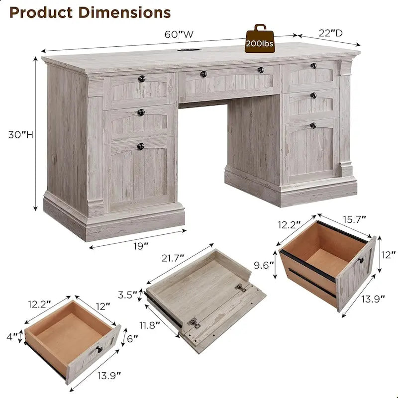 Bureau d'ordinateur de style campagnard, bureau en bois pour bureau à domicile avec station de recharge