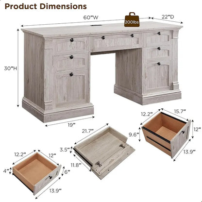 Bureau d'ordinateur de style campagnard, bureau en bois pour bureau à domicile avec station de recharge