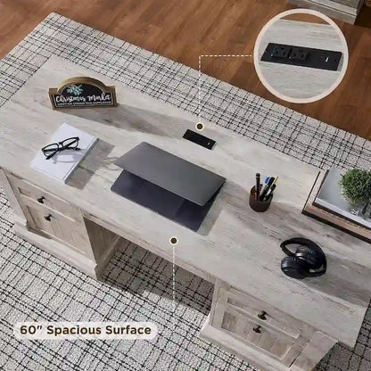 Bureau d'ordinateur de style campagnard, bureau en bois pour bureau à domicile avec station de recharge