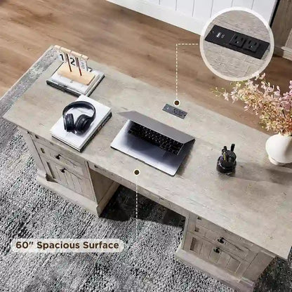 Bureau d'ordinateur de style campagnard, bureau en bois pour bureau à domicile avec station de recharge