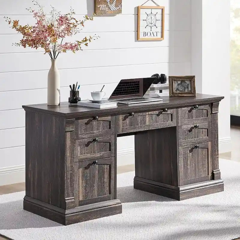 Bureau d'ordinateur de style campagnard, bureau en bois pour bureau à domicile avec station de recharge