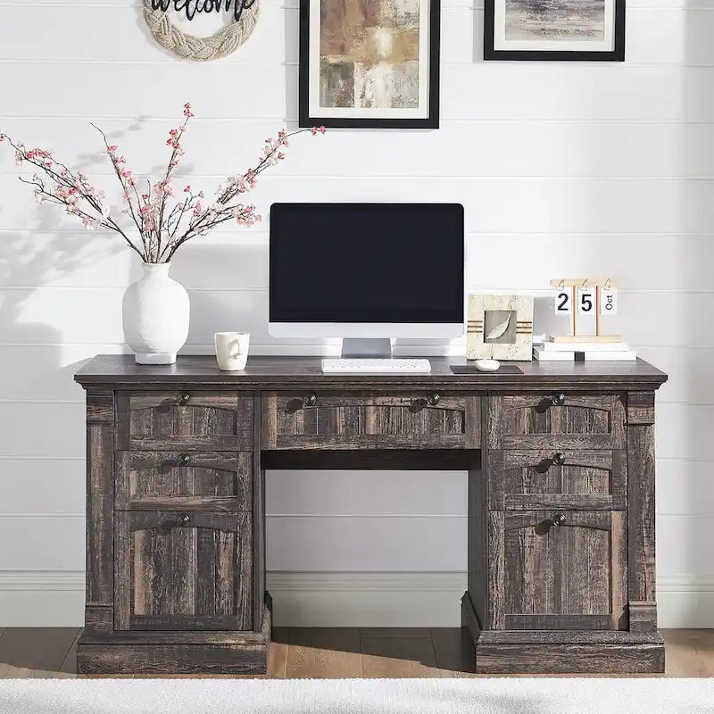 Bureau d'ordinateur de style campagnard, bureau en bois pour bureau à domicile avec station de recharge