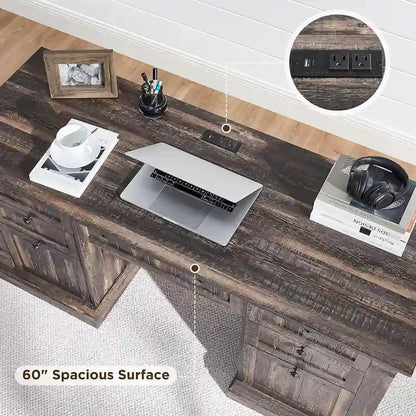 Bureau d'ordinateur de style campagnard, bureau en bois pour bureau à domicile avec station de recharge