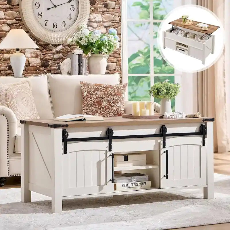 Table basse de style campagnard avec plateau relevable, table basse rustique en bois