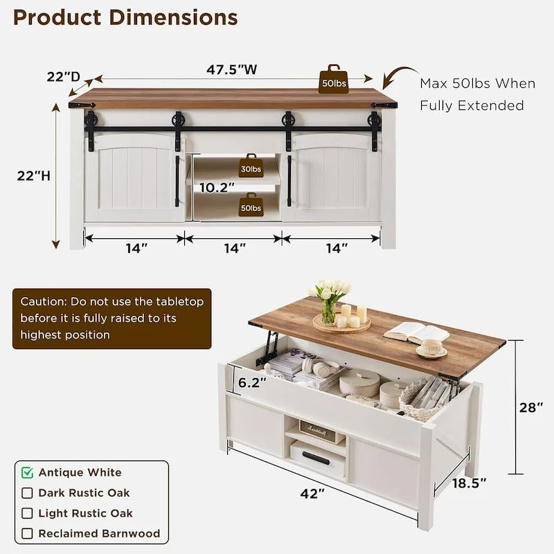 Table basse de style campagnard avec plateau relevable, table basse rustique en bois