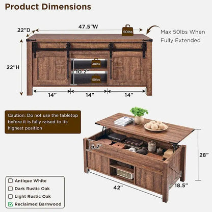 Table basse de style campagnard avec plateau relevable, table basse rustique en bois