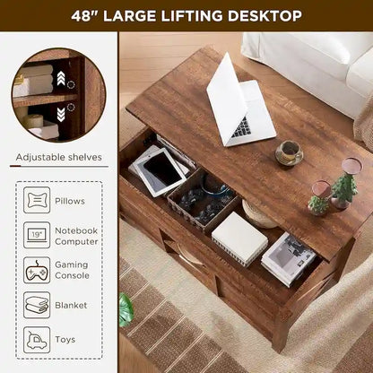 Table basse de style campagnard avec plateau relevable, table basse rustique en bois