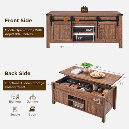 Table basse de style campagnard avec plateau relevable, table basse rustique en bois