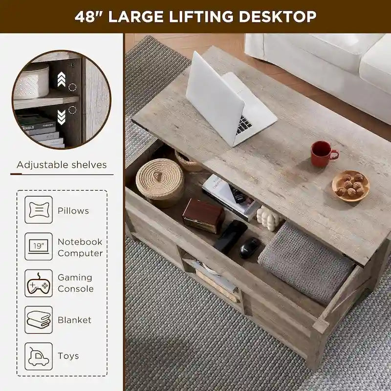 Table basse de style campagnard avec plateau relevable, table basse rustique en bois