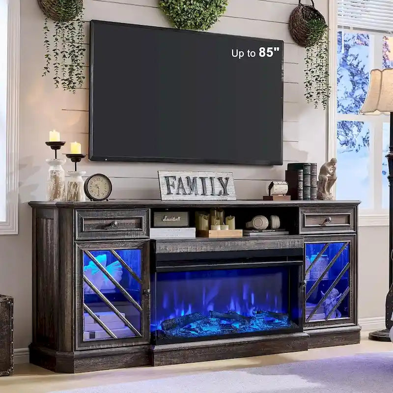 Meuble TV de style campagnard avec cheminée à 3 faces, centre de divertissement