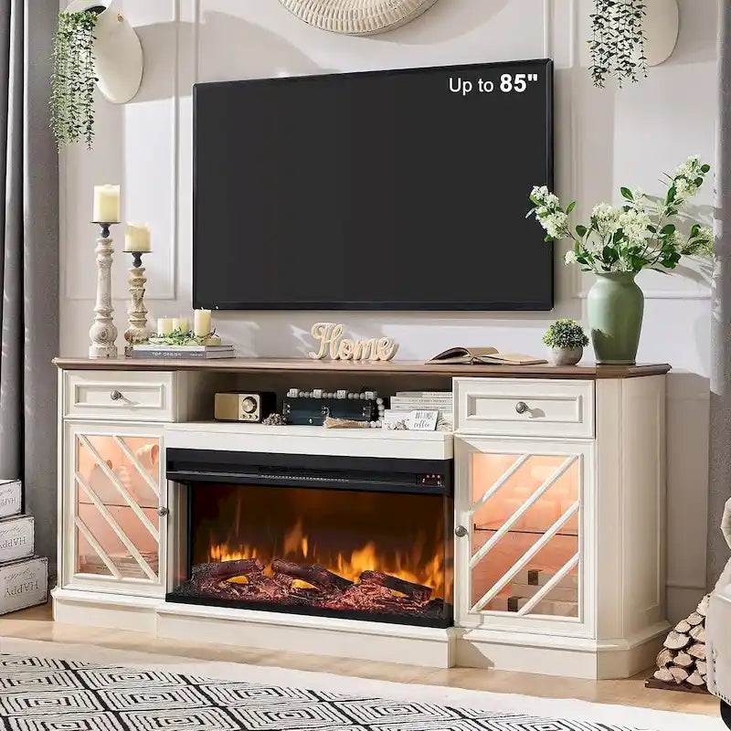 Meuble TV de style campagnard avec cheminée à 3 faces, centre de divertissement